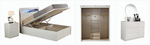 Furniture set including a bed with storage, wardrobe, and dresser on a white background