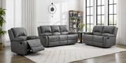 wo black leather electric recliner sofas facing each other in a cozy living room