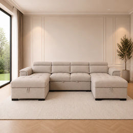 Alaya Beige Fabric U Shape Corner Pull Out Sofabed - 326 x 166 x 166 CM