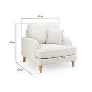 Gray armchair with dimensions marked 