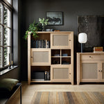 Cestino 3 Door Cabinet in Jackson Hickory Oak and Rattan Effect 
