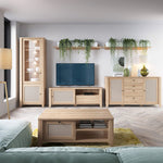 Cestino Coffee Table with 1 Drawer in Jackson Hickory Oak and Rattan Effect 