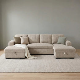 Como U Shape Corner Sofa Bed - Beige Fabric - Pull Out