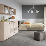 Denim Shelf in Light Walnut, Grey Fabric Effect and Cashmere 