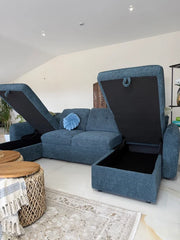 Moscow U Shape Corner Sofa Bed - Blue Fabric - Pull Out