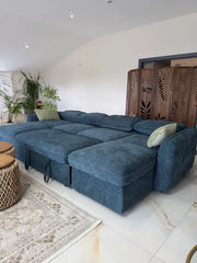 Moscow U Shape Corner Sofa Bed - Blue Fabric - Pull Out