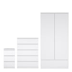 Naia 3 Piece Bundle, Bedside, Chest and 2 Door 1 Drawer Wardrobe in White High Gloss 