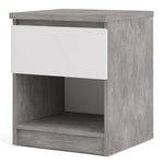 Naia Bedside 1 Drawer 1 Shelf in Concrete and White High Gloss 