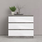 Naia Chest of 3 Drawers in Concrete and White High Gloss 