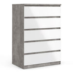 Naia Chest of 5 Drawers in Concrete and White High Gloss 