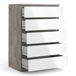 Naia Chest of 5 Drawers in Concrete and White High Gloss 