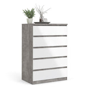 Naia Chest of 5 Drawers in Concrete and White High Gloss 