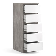 Naia Narrow Chest of 5 Drawers in Concrete and White High Gloss 