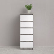 Naia Narrow Chest of 5 Drawers in Concrete and White High Gloss 