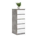 Naia Narrow Chest of 5 Drawers in Concrete and White High Gloss 