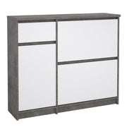 Naia Shoe Cabinet with 2 Flip Down Doors 1 Door and 1 Drawer in Concrete and White High Gloss 