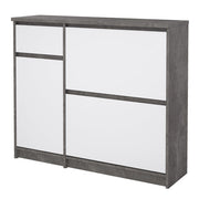 Naia Shoe Cabinet with 2 Flip Down Doors 1 Door and 1 Drawer in Concrete and White High Gloss 