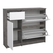 Naia Shoe Cabinet with 2 Flip Down Doors 1 Door and 1 Drawer in Concrete and White High Gloss 