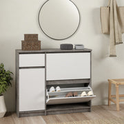 Naia Shoe Cabinet with 2 Flip Down Doors 1 Door and 1 Drawer in Concrete and White High Gloss 