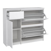 Naia Shoe Cabinet with 2 Flip Down Doors 1 Door and 1 Drawer in White High Gloss 
