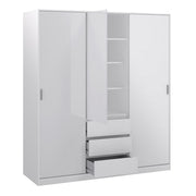 Naia Wardrobe with 2 Sliding Doors 1 Door 3 Drawers in White High Gloss 