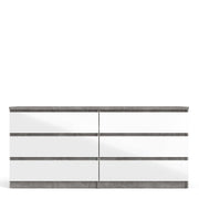 Naia Wide Chest of 6 Drawers (3+3) in Concrete and White High Gloss 