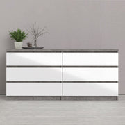 Naia Wide Chest of 6 Drawers (3+3) in Concrete and White High Gloss 
