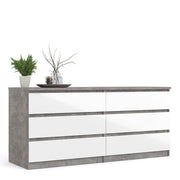 Naia Wide Chest of 6 Drawers (3+3) in Concrete and White High Gloss 