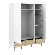 Oslo Package - Bedside 1 Drawer + Chest of 5 Drawers (2+3) + Wardrobe 3 Doors 3 Drawers in White and Oak 