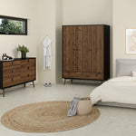 Ry 3 Piece Bundle, Bedside, Chest and 3 Door 3 Drawer Wardrobe in Matt Black Walnut 