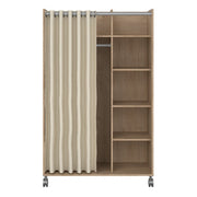 Uppsala Open Mobile Wardrobe Unit in Jackson Hickory Oak with a Beige Textile Curtain on Wheels 