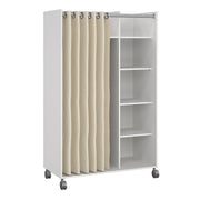 Uppsala Open Mobile Wardrobe Unit in White with a Beige Textile Curtain on Wheels 