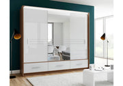 Amsterdam | 255cm Sliding Door Wardrobe | Walnut and White Gloss + Mirror