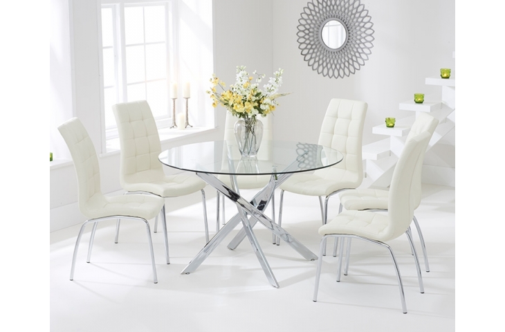 Daytona Glass Round Large Dining Table, Cream Round Dining Room Table And Chairs