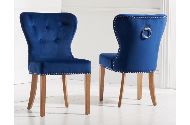 Kalim Dining Chairs Pair Blue Plush, Solid Oak And Fabric Dining Chairs